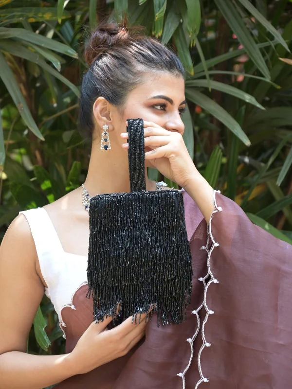 Odette Black Tassels Embellished Clutch Bag For Women