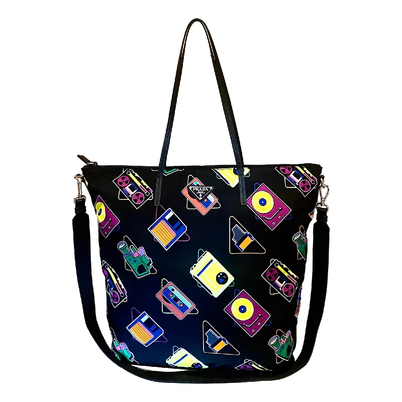 Prada Cassette Print Black Nylon Convertible Shopping Tote Handbag