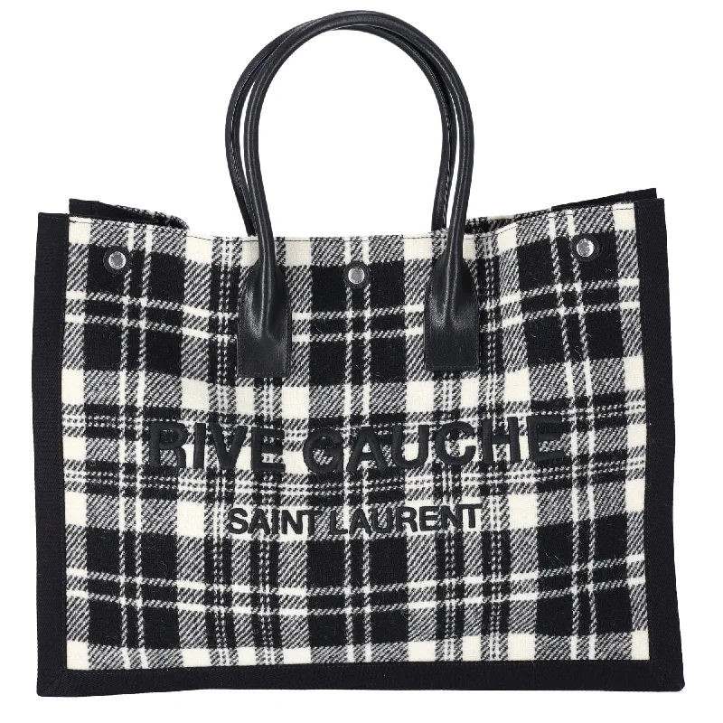 Saint Laurent Rive Gauche Tote Bag 499290 Black White Plaid Wool Leather