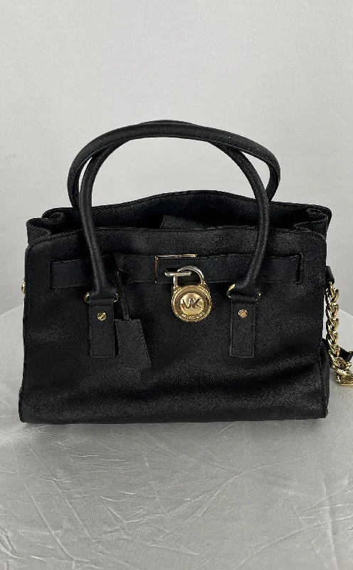 Michael Kors Hamilton Black Large Satchel Handbag With Lock and Key Chain Strap