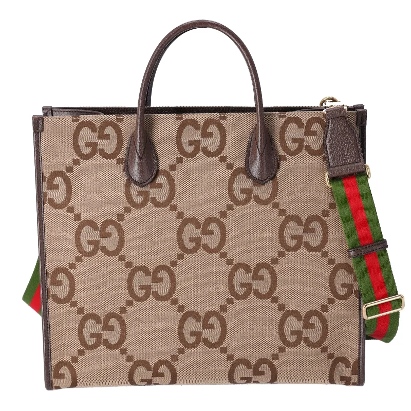 GUCCI Jumbo GG Tote Bag 678839 Beige Dark Brown Jacquard Leather