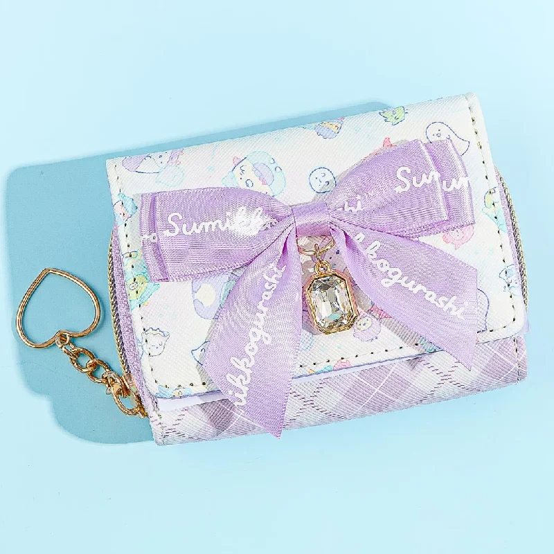 Sumikko Gurashi Plaid Tri-Fold Wallet With Bow - Purple