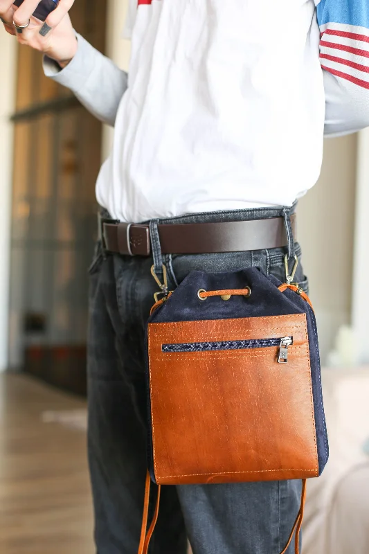 Men's Leather Bag - Men's Belt Bag- Dual Blue