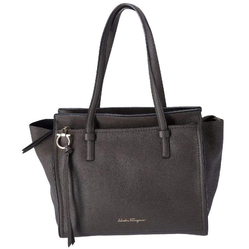 Salvatore Ferragamo Amy Medium Top Zip Shoulder Tote Bag Leather Dark Gray