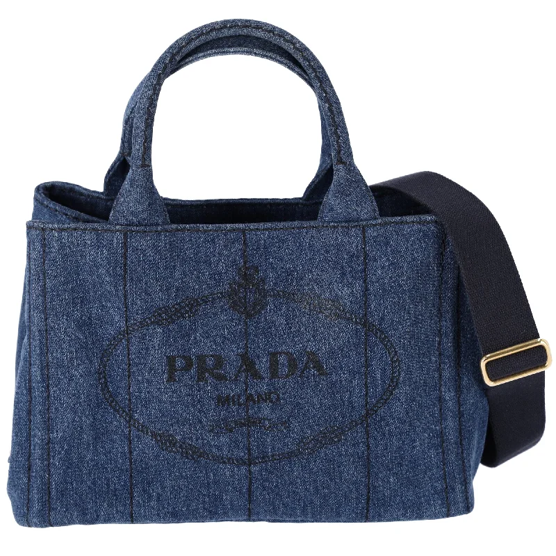 PRADA Canapa Small Canvas Tote Shoulder Bag Denim Blue Logo 1BG439