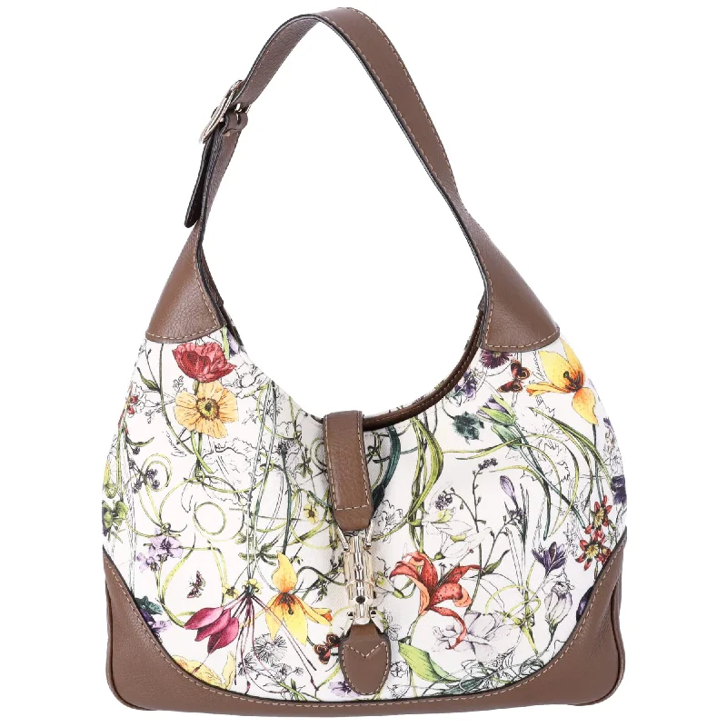 GUCCI Flora Jackie Shoulder Bag 277520 White Brown Multi Canvas Leather