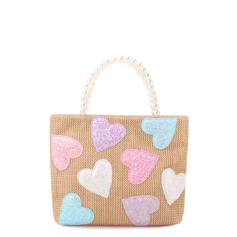 Glitter Hearts Straw Pearl Handle Mini Tote Bag