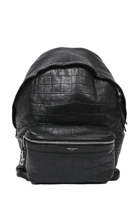 Saint Laurent Black Leather Croc Embossed City Backpack