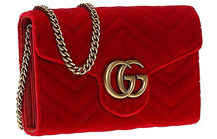 (WMNS) GUCCI GG Marmont Gold Logo Distress Velvet Chain Shoulder Messenger Bag Mini Red 474575-9QIDT-6433