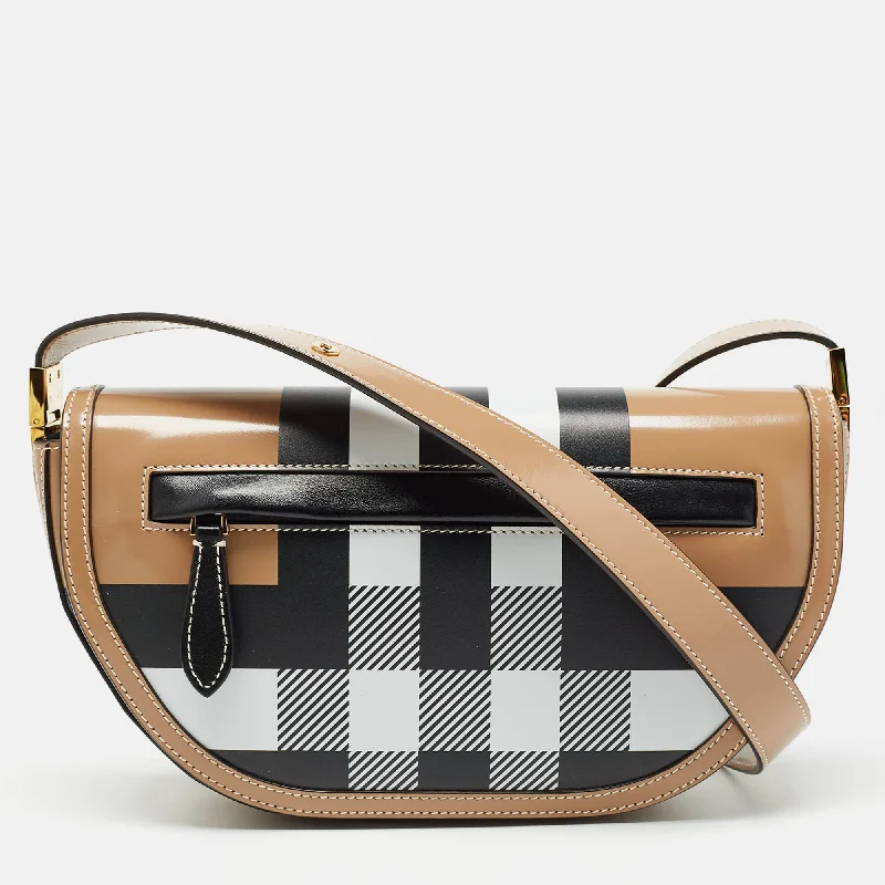 BURBERRY Beige Check Patent and Leather Small Olympia Shoulder Bag