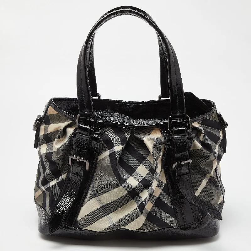 BURBERRY Black/Grey Beat Check Canvas and Patent Leather Lowry Tote