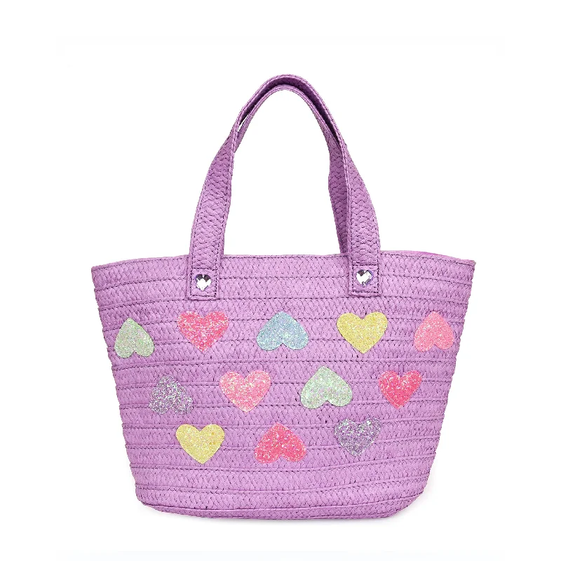 Glitter Heart-Patched Straw Tote Bag