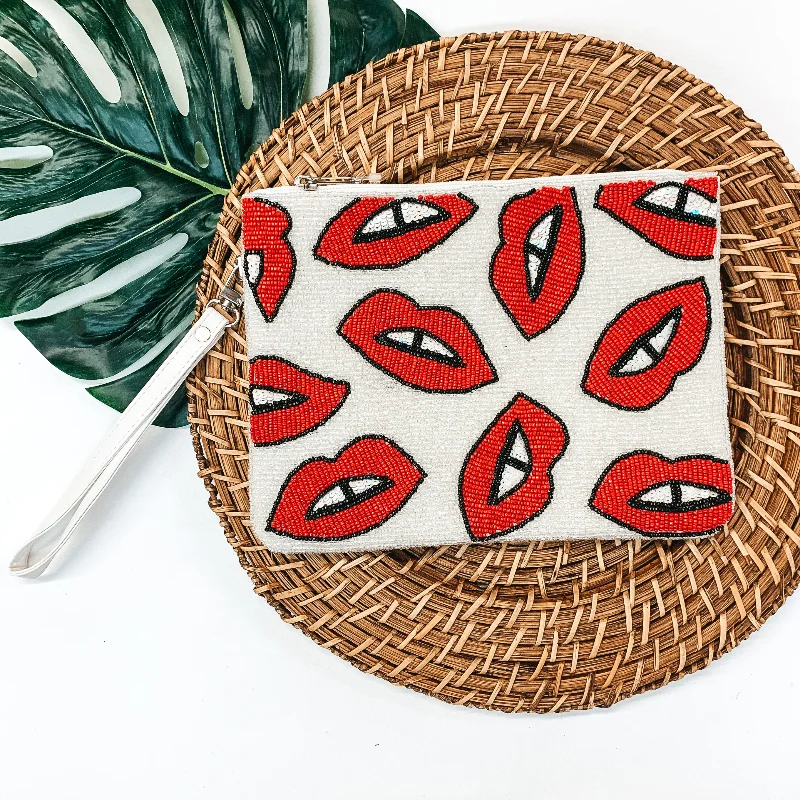 Multi Red Lip Seed Beaded Clutch in White