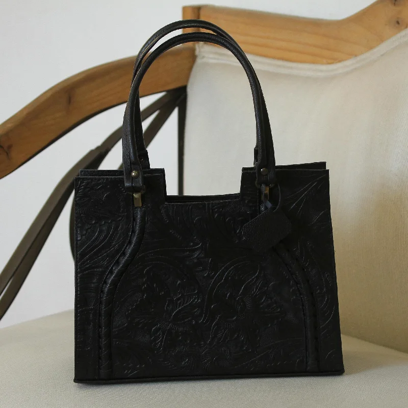 Lush Impressions in Black Handcrafted Black Embossed Leather Handbag from Mexico