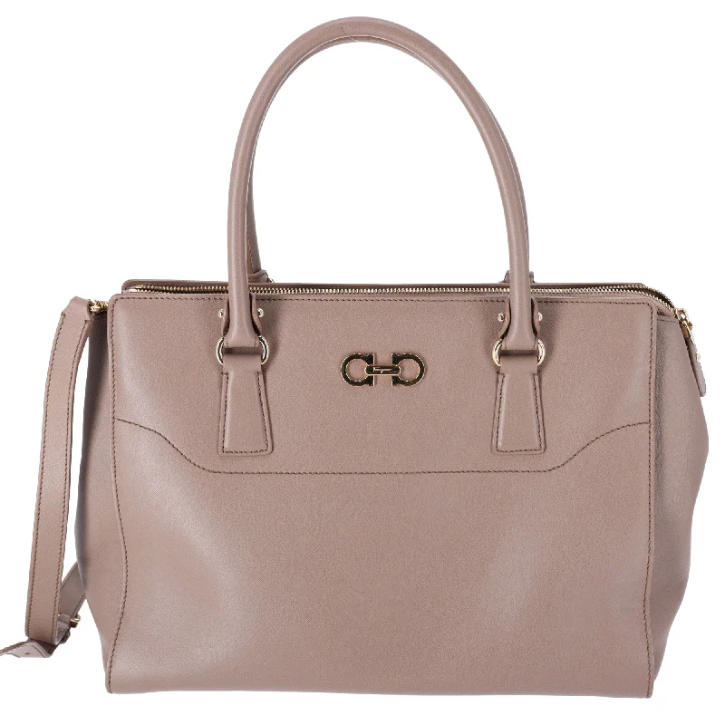 Salvatore Ferragamo Beky Triple Compartment Tote Taupe Saffiano Leather