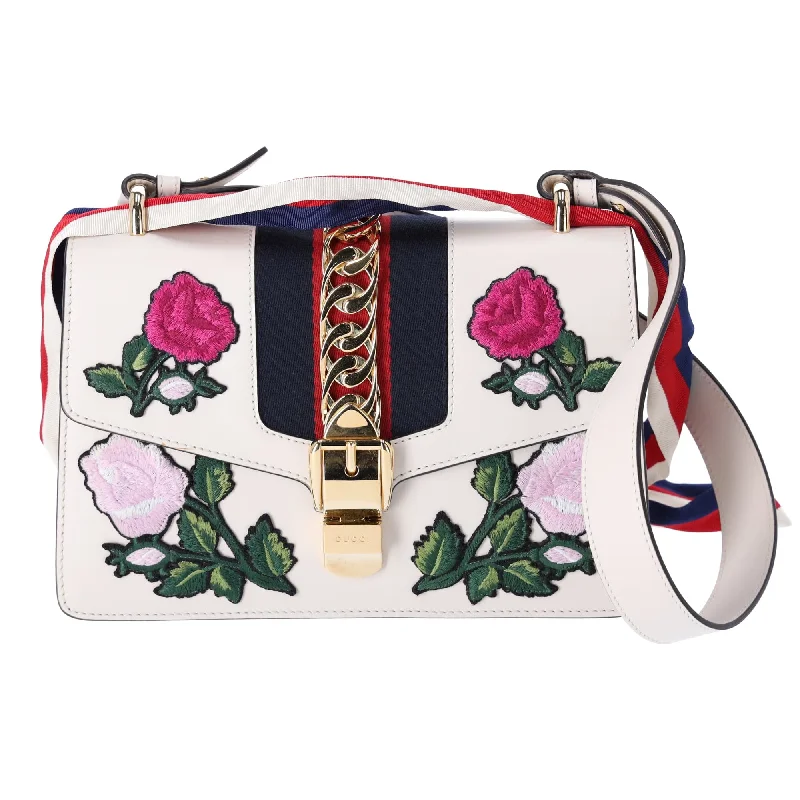 GUCCI Sylvie Shoulder Bag 421882 White Pink Multi Leather Floral Embroidery