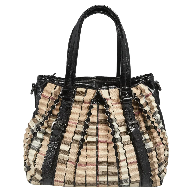 Burberry Black/Beige House Check PVC and Patent Leather Lowry Ruffled Tote