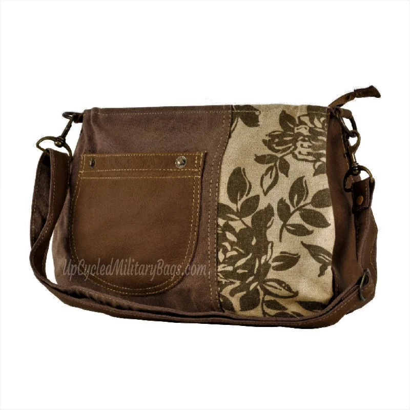 Brown Floral Sustainable Canvas Purse with Leather Accents Shoulder Bag