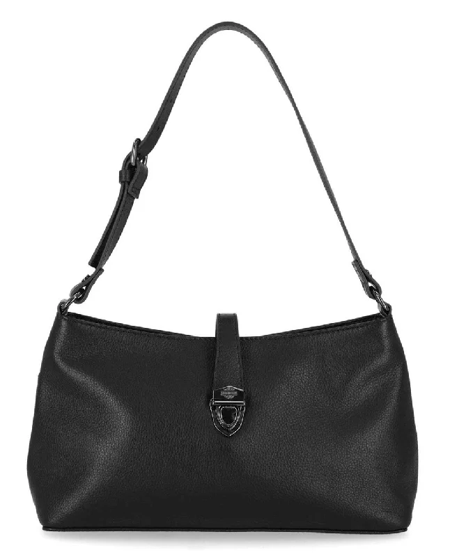 Women's Push Lock Pebble Leather Shoulder Bag Purse - Black