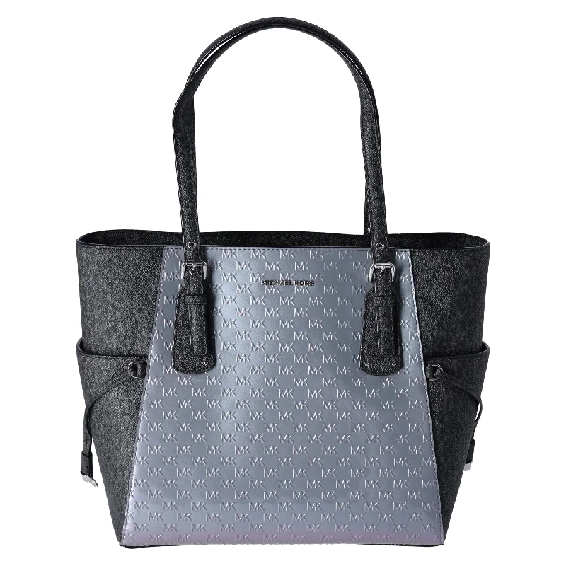 Michael Kors Voyager Travel Shoulder Tote Heather Grey Patent Leather Black MK