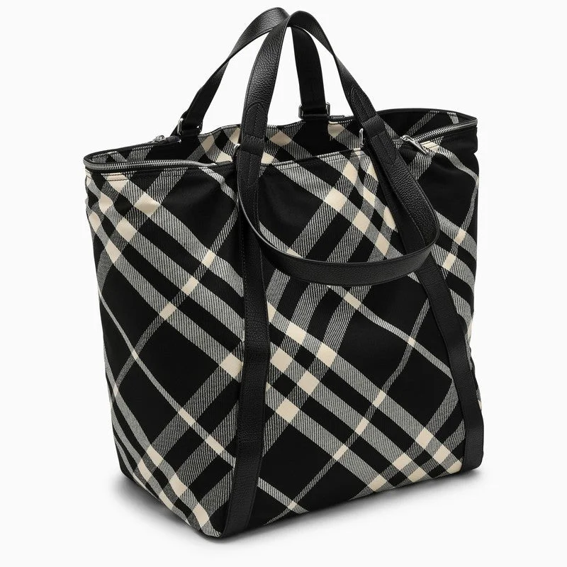 Burberry Black/Calico Cotton-Blend Tote Bag With Check Pattern Men