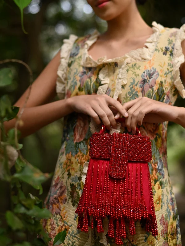 Odette Women Red Beaded Clutch Bag With Tassels