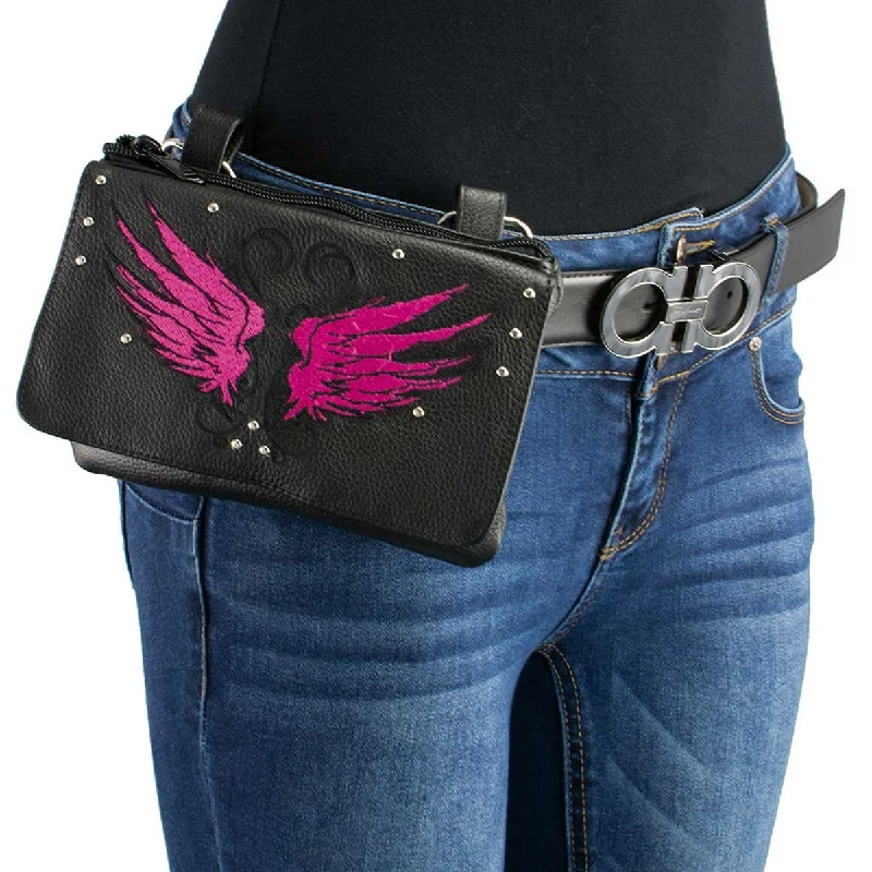 Milwaukee Leather MP8850 Ladies 'Winged' Leather Black and Pink Multi-Pocket Belt Bag