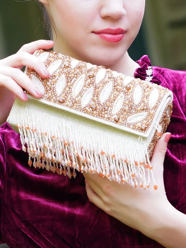 Odette Women Hi-Shine Gold And White Tasseled Clutch Bag