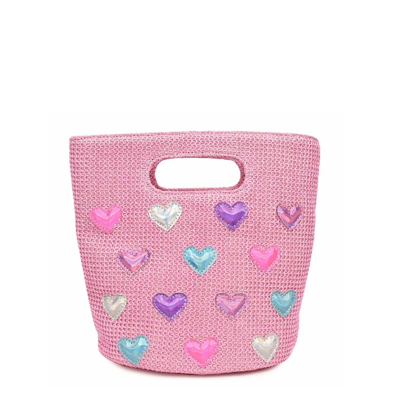 Metallic Heart-Patched Pink Straw Top-Handle Tote Bag