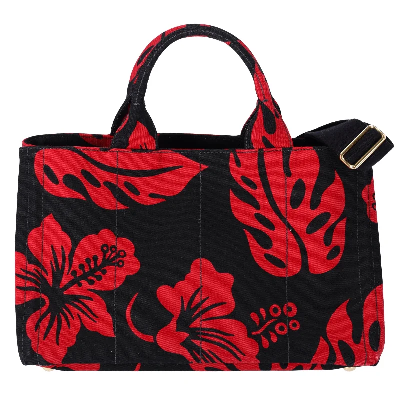 PRADA Canapa Tote Bag Black Red Canvas Leaves Print