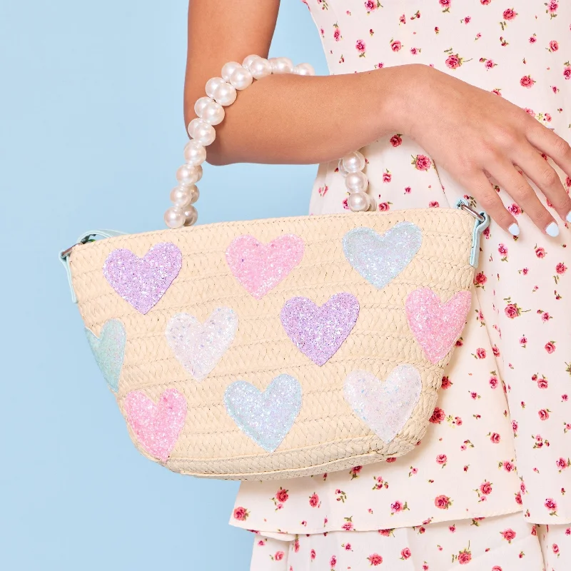 Glitter Hearts Straw Pearl Handle Tote Bag