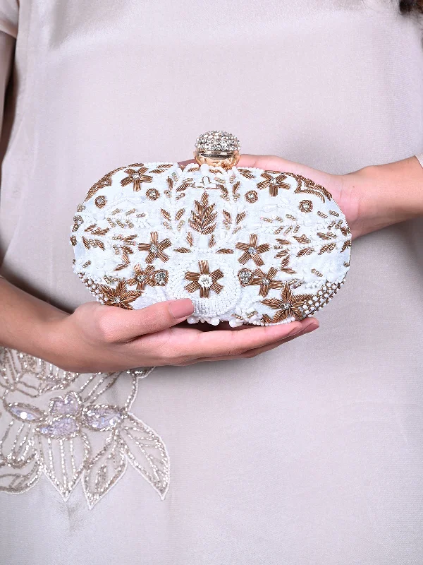 Odette White Embroidered Clutch Bag For Women