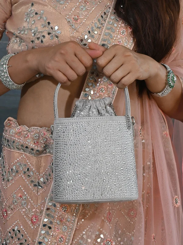 Odette Grey Embellished Potli Style Clutch for Women