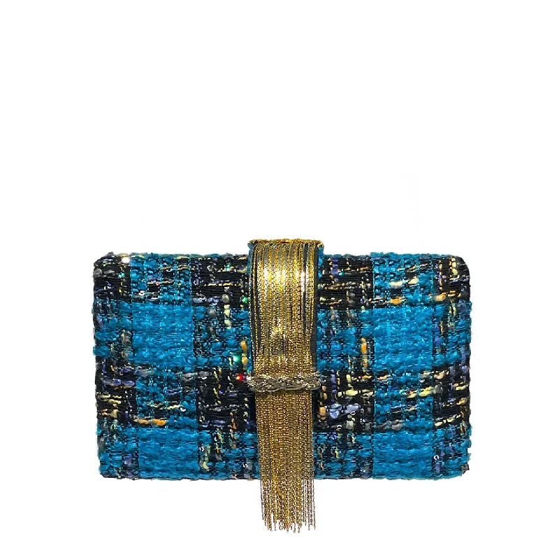 Blue Tweed Fringe Clutch