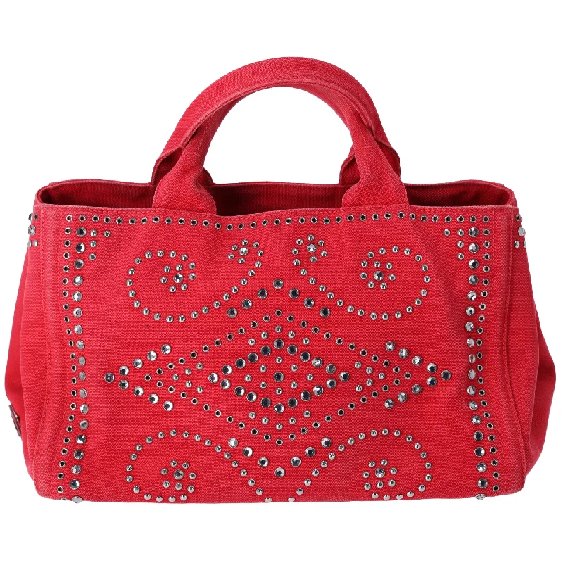 PRADA Canapa Tote Bag BN2642 Red Canvas Red Stones