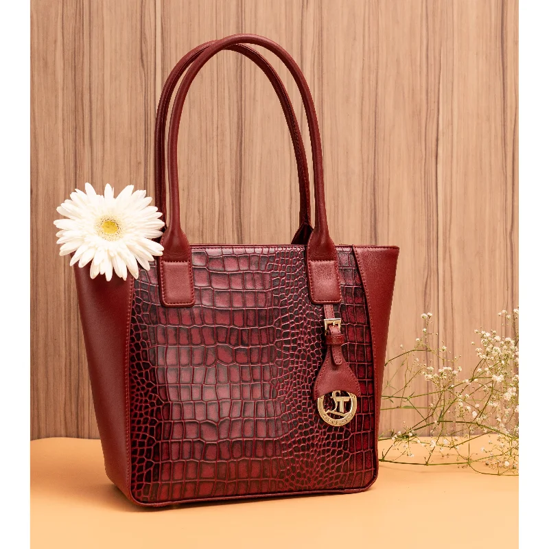 Elvis Leather Tote Bag For Women | Croco Embossed Genuine Leather | Color: Cherry, Brown, Blue & Green