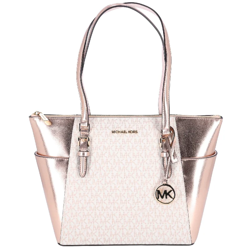 Michael Kors Charlotte Large Signature Logo Metallic Top Zip Tote Bag Rose Gold