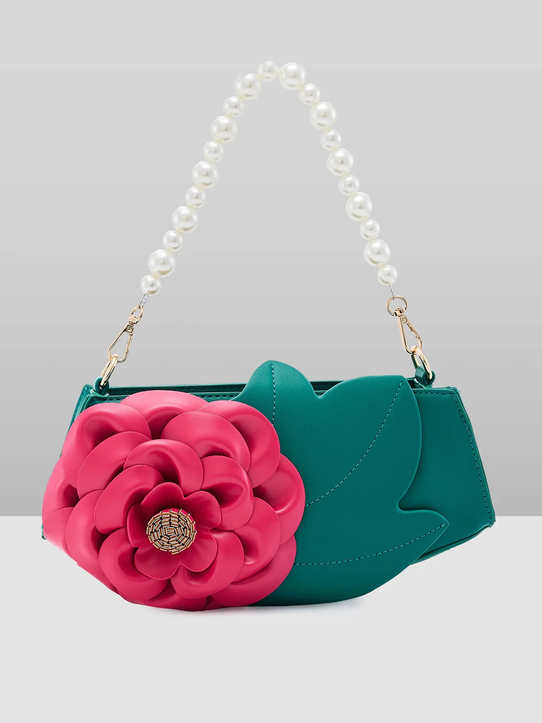 Caprese Ava 3D Flower Clutch Bag Medium Green - Perfect for Celebrations & Glam Parties