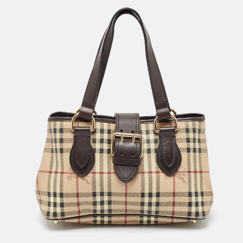 BURBERRY Brown/Beige Haymarket Coated Canvas and Leather Eden Tote