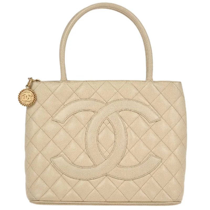 Chanel 2000-2001 Ivory Caviar Medallion Tote Handbag