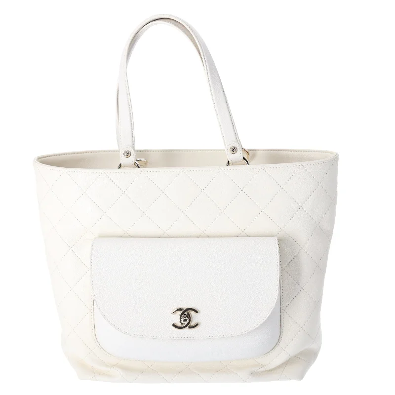 CHANEL CC Quilted Front Pocket Tote Bag Cream Leather