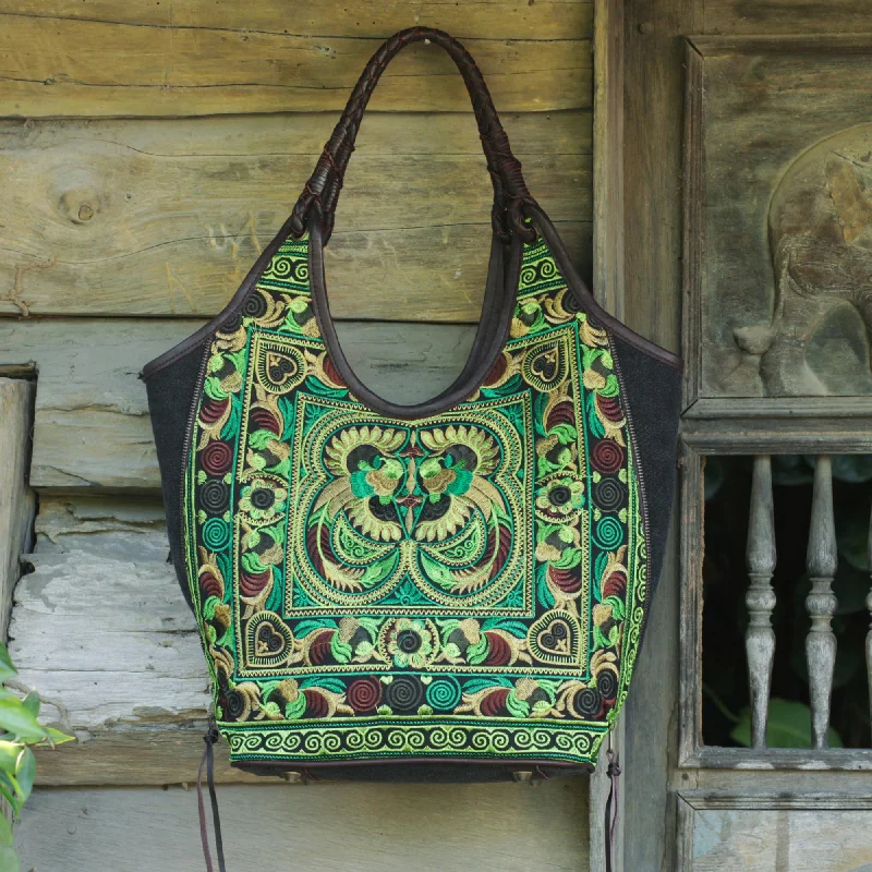 Jade Pheasants Thai Hill Tribe Embroidery on Leather Accent Shoulder Bag