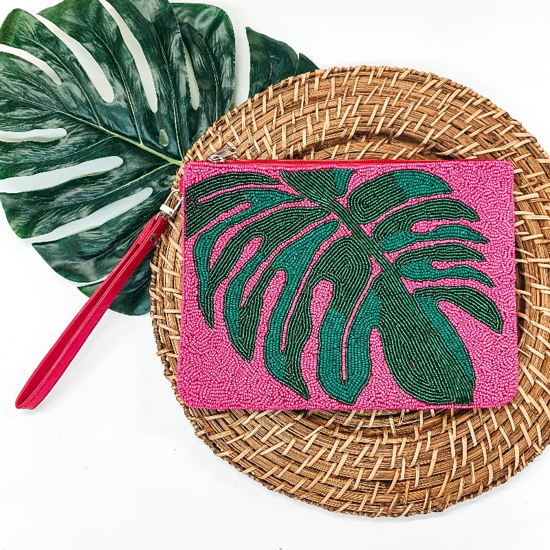 Palm Leaf Seed Beaded Clutch in Fuchsia