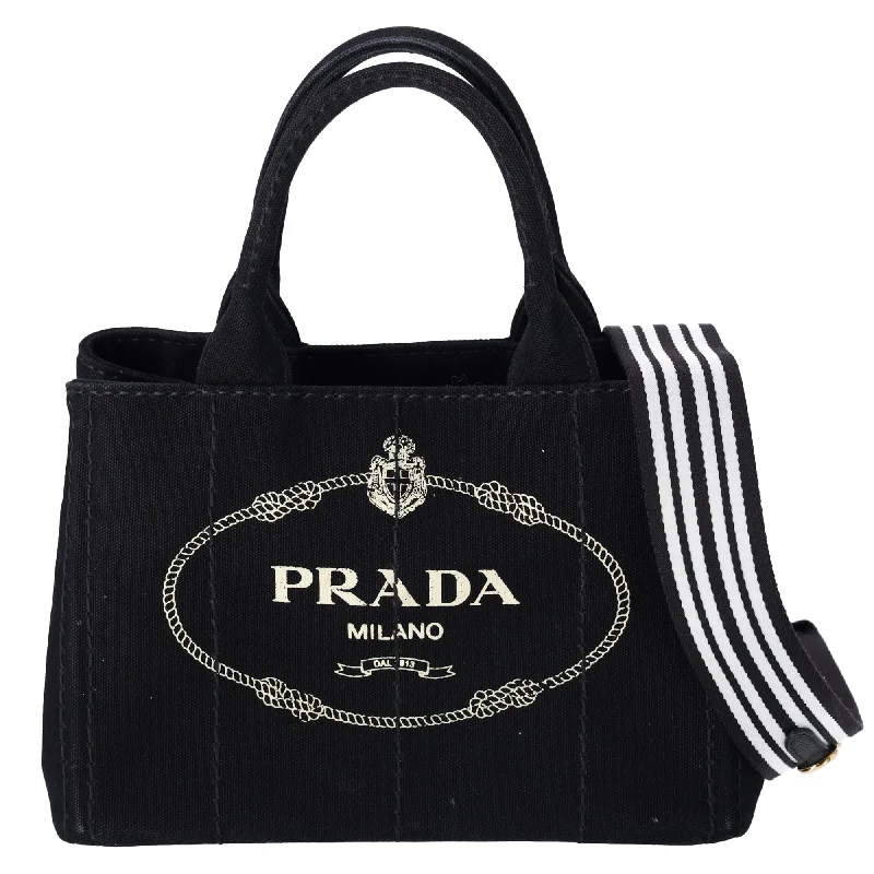 PRADA Canapa Tote Bag Black Logo Printed Canvas Shoulder Bag