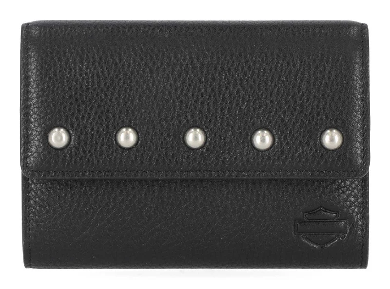 Women's Pebble Leather Bar & Shield Billfold Wallet - Black