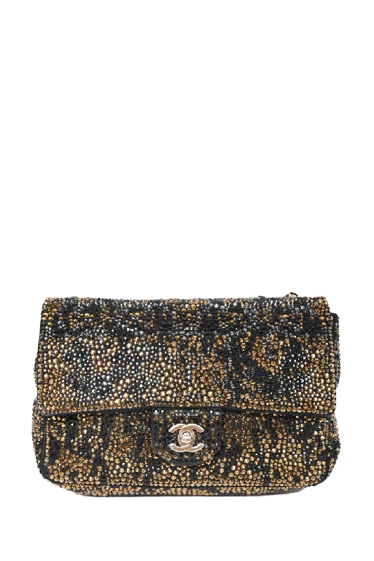 Chanel 2014-15 Black/Gold Swarovski Crystal Embellished Medium Single Flap Shoulder Bag