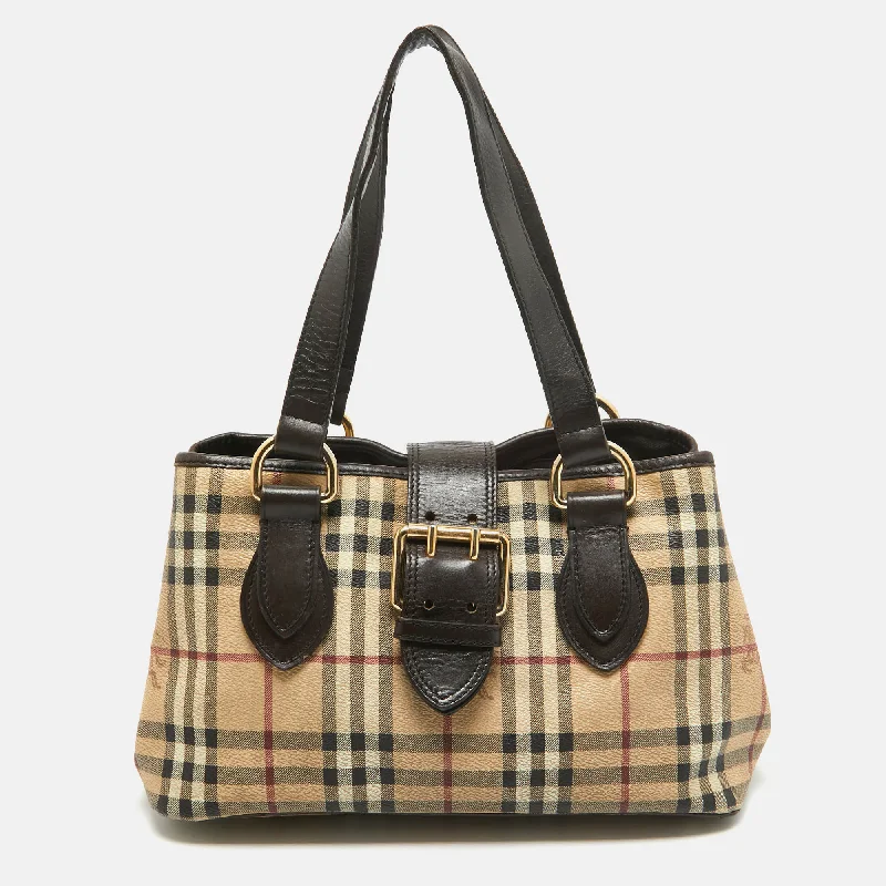 BURBERRY Beige/Brown Haymarket PVC and Leather Buckle Flap Tote