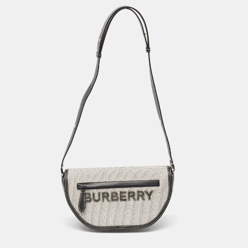 BURBERRY Black/White Canvas and Leather Small Olympia Shoulder Bag