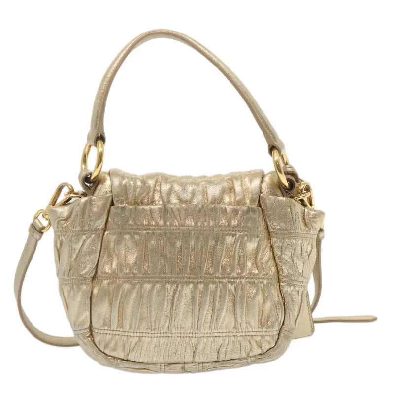 PRADA Gathered Shoulder Bag Leather 2way Gold Tone Auth ki3791