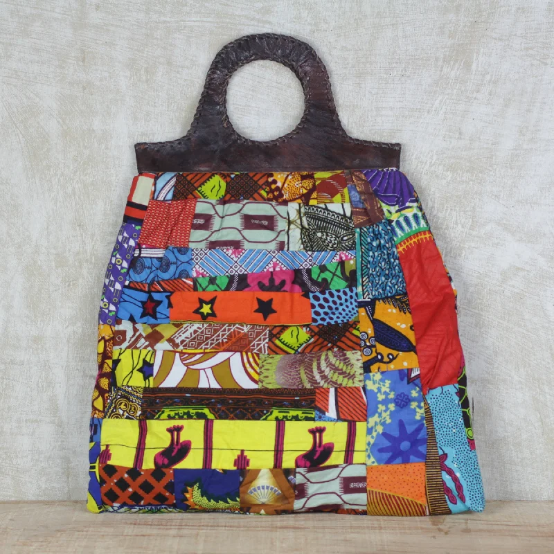 Patchwork Beauty Multi-Colored Cotton Patchwork Handbag with Leather Accents